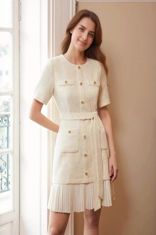 The Ascot Pleated Metallic-Weave Dress