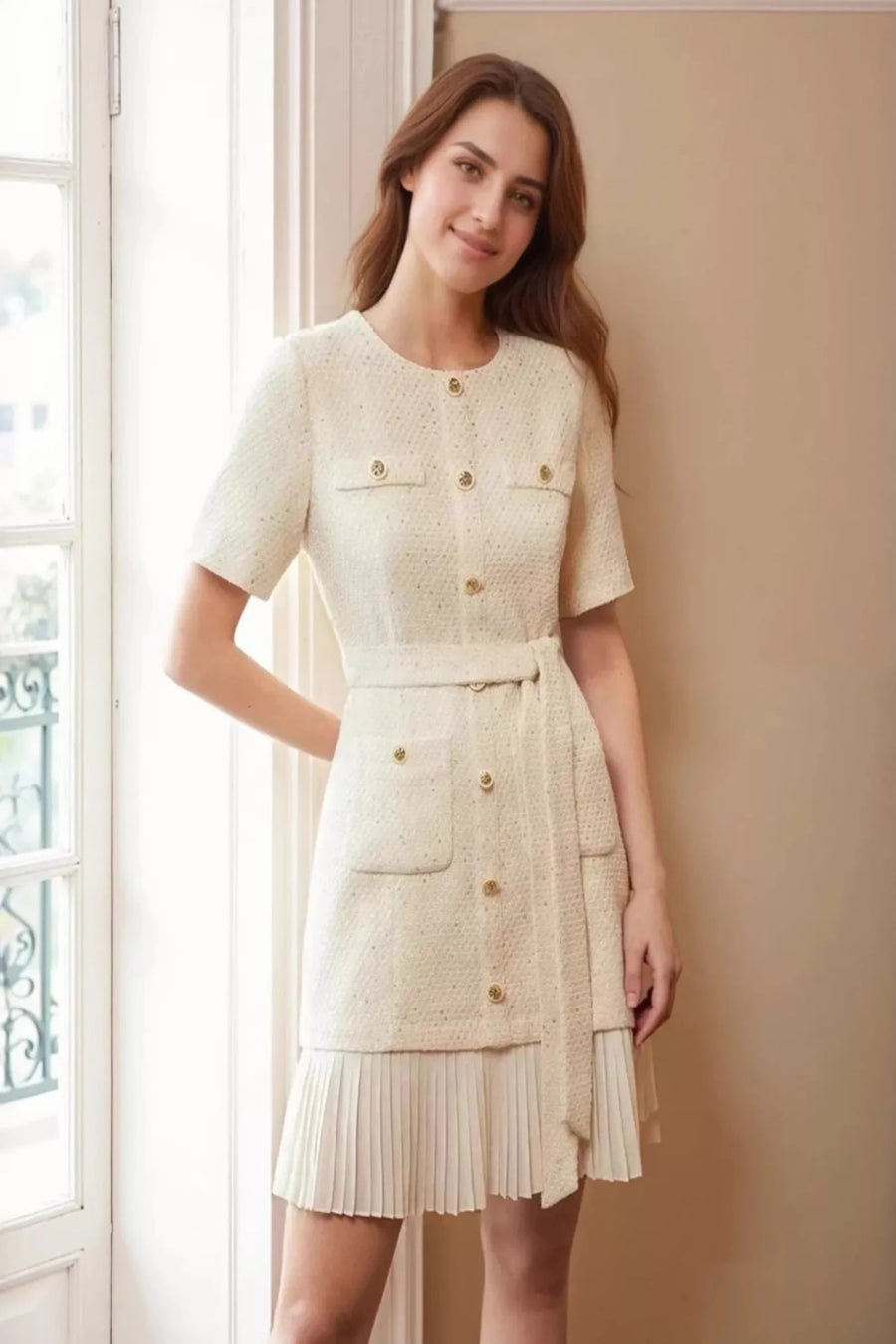 The Ascot Pleated Metallic-Weave Dress
