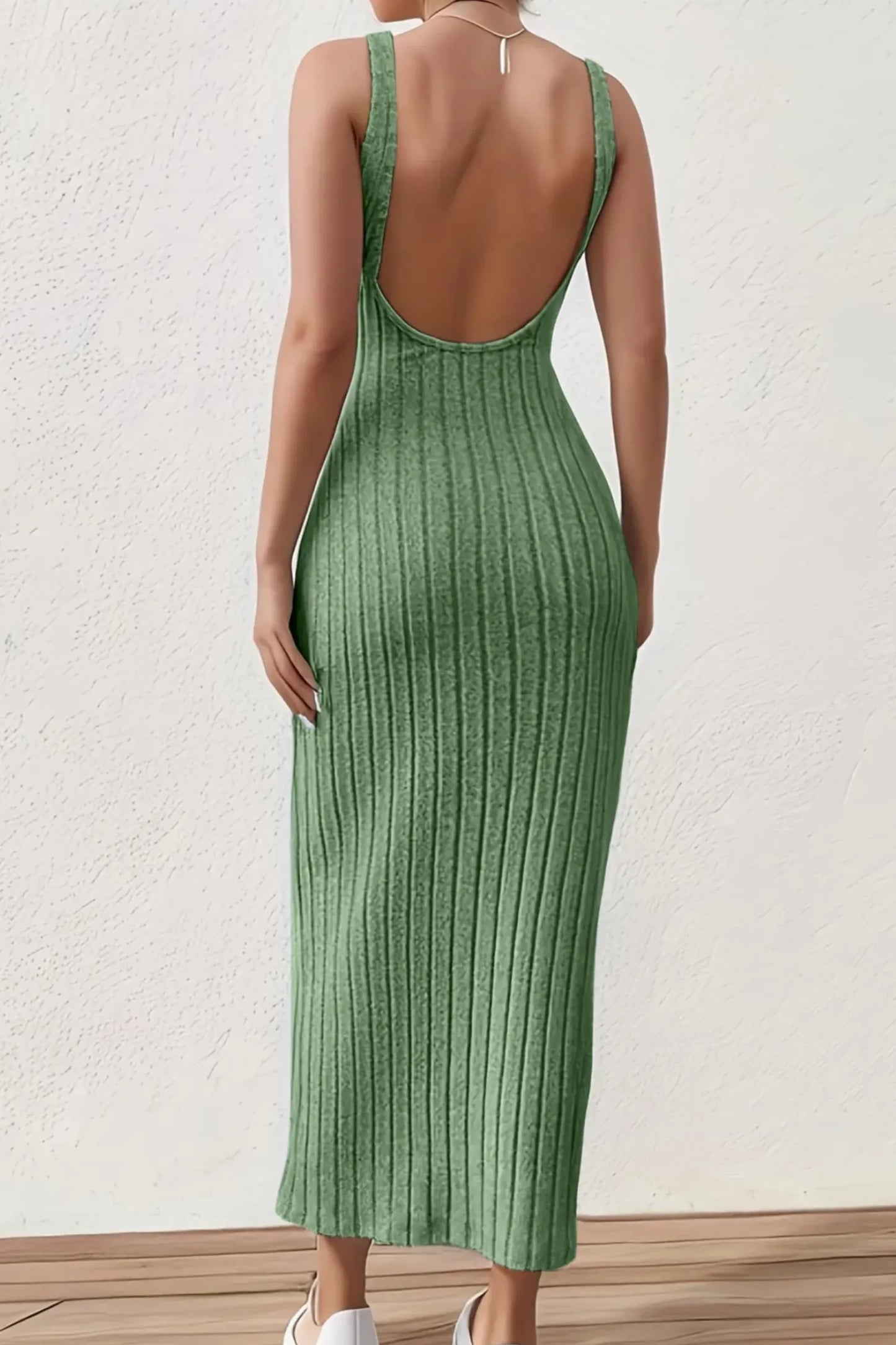 The Aura Serene Backless Midi – Ribbed Summer Column Dress