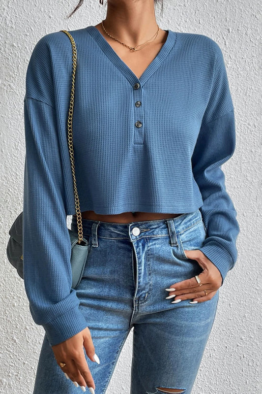 The Primrose Waffle-Knit Buttoned Blouse