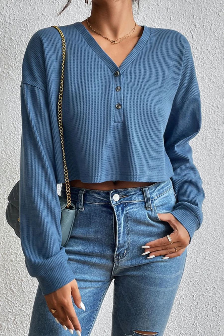 The Primrose Waffle-Knit Buttoned Blouse