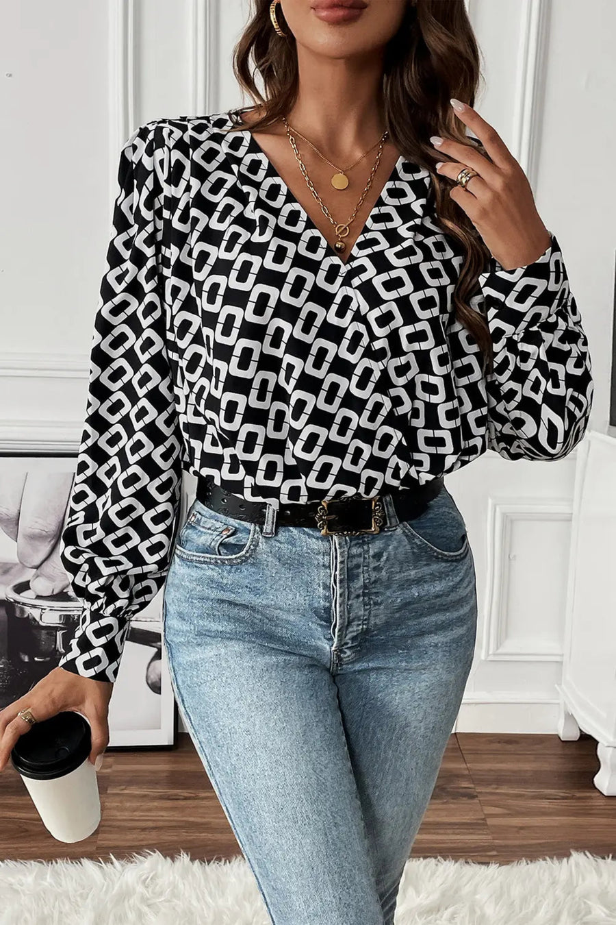 The Mayfair Geometric Jacquard V-Neck Blouse
