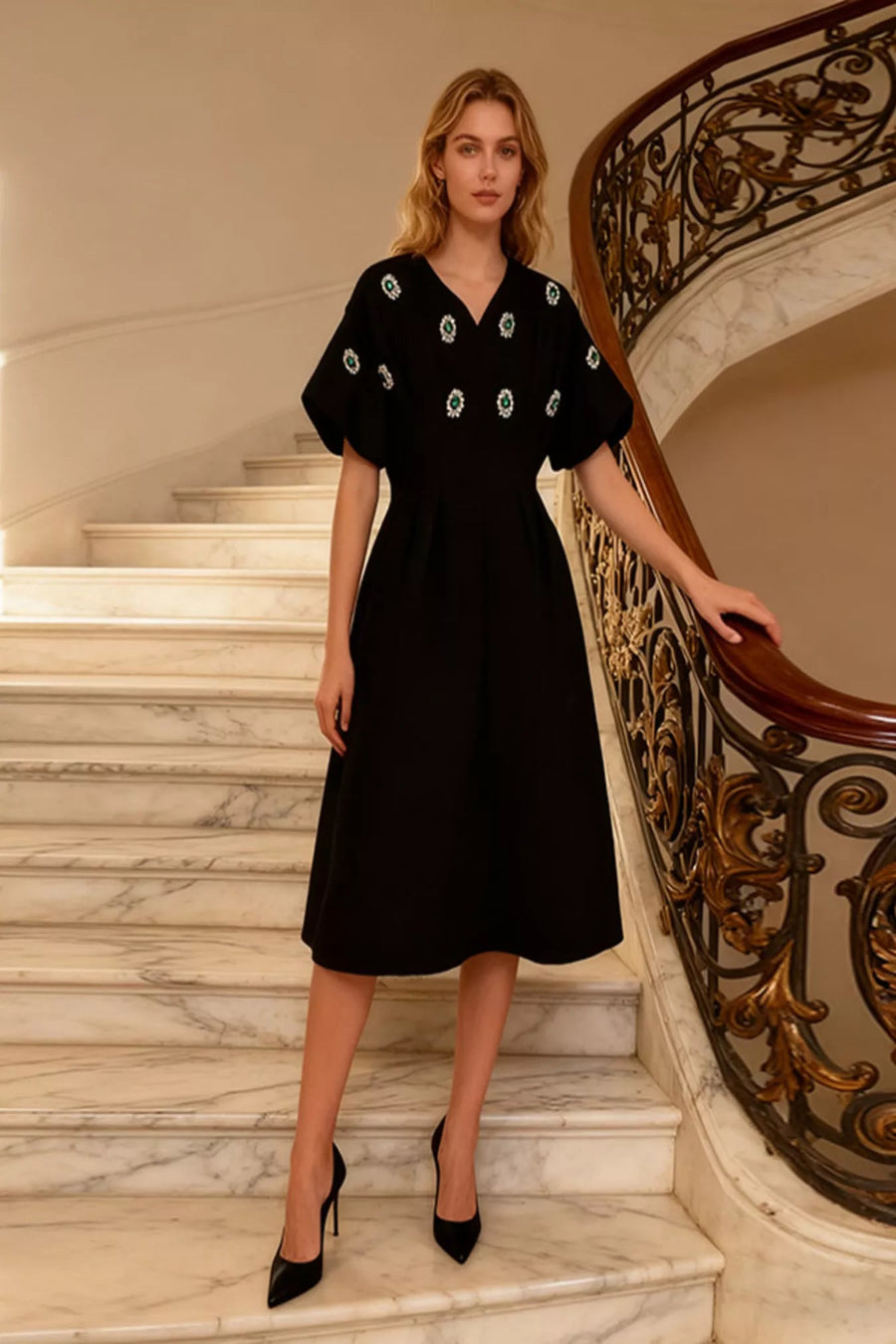 The Kensington Emerald-Brooch Midi Dress